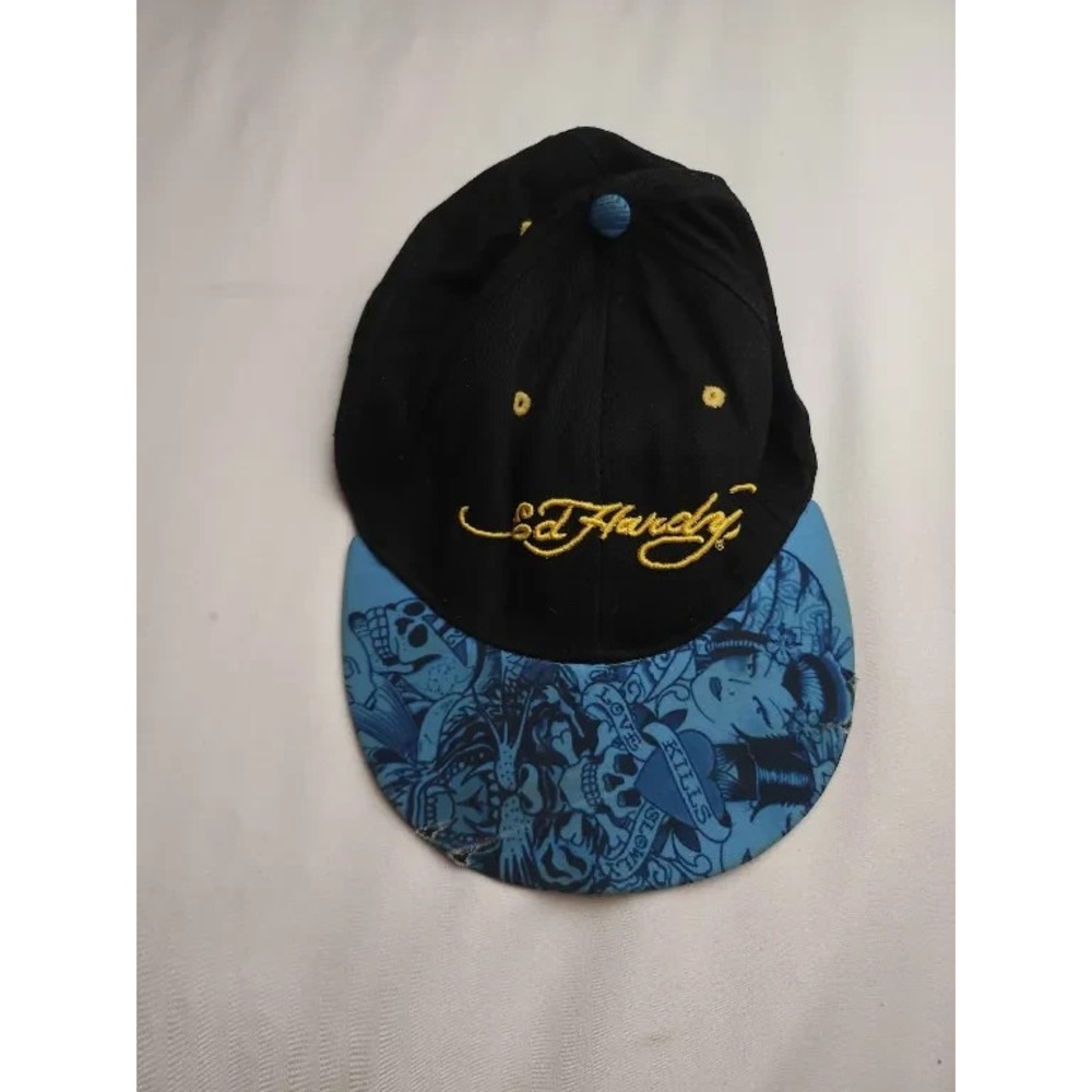 Ed Hardy Baseball Cap Mens One Size Black Blue Canvas Tattoo Print Streetwear